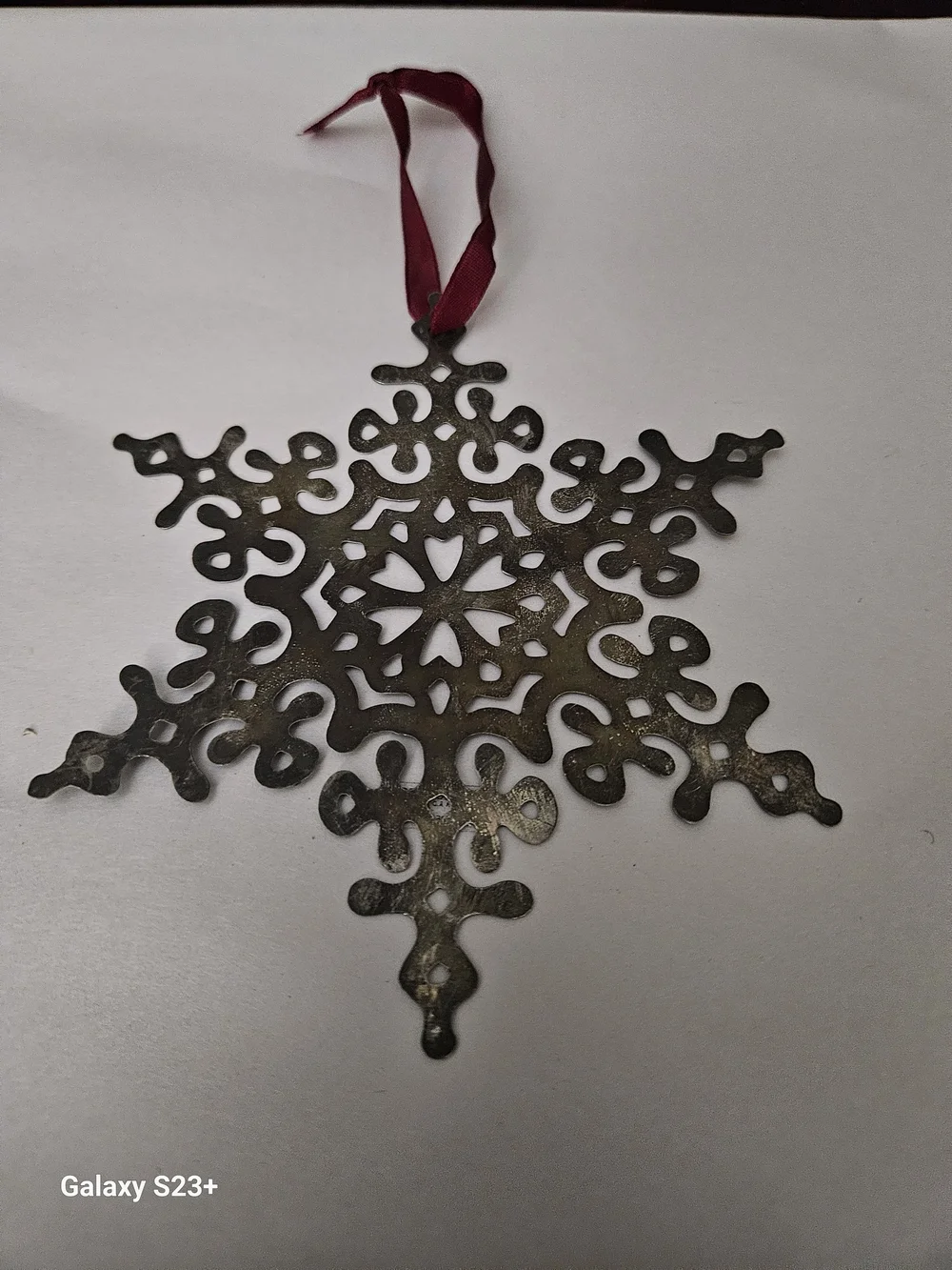 Restoration Hardware Bronze Snowflake Ornament with Burgundy Ribbon